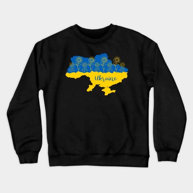 Map of Ukraine decorated with sunflower in Ukrainian flag colors and lettering Crewneck Sweatshirt by Cute-Design